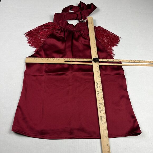 Nicole Miller New York Satin Neck Tie Blouse Red Lace Short Sleeve Shirt SMALL - Picture 6 of 11